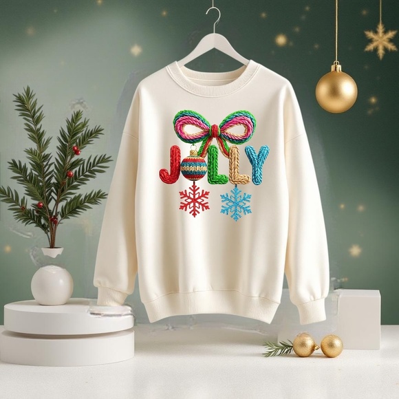 NEW Christmas Jolly Sweatshirt Faux Yarn Pink Green Bow. Any Size X M L XL XXL - Picture 4 of 10